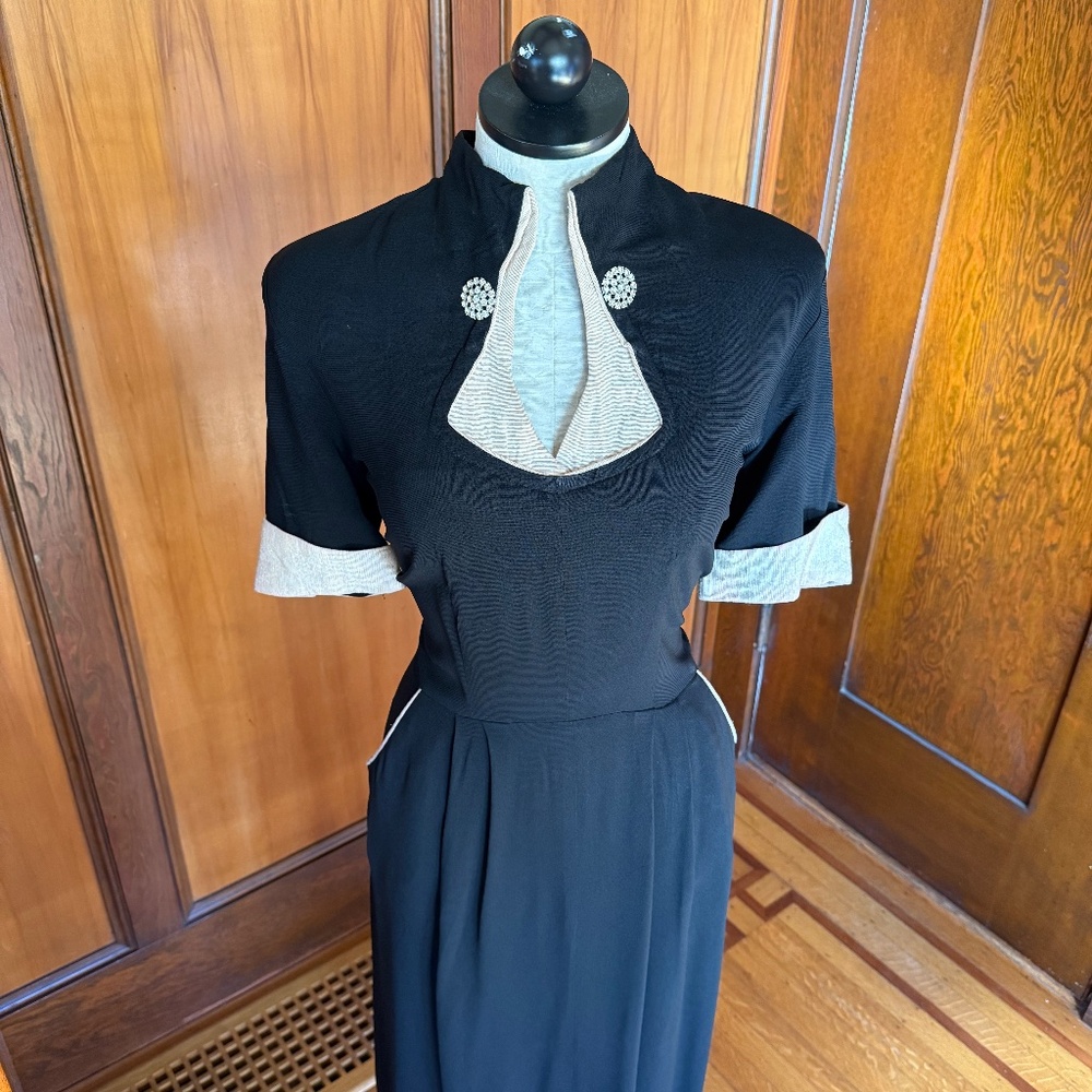 Vintage 40s 50s Black Cocktail Evening Dress w/ White Gold Lurex Rhinestones, XL